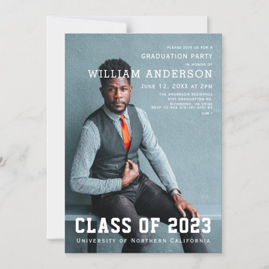 Bold Minimalist Photo Navy Blue Graduparty Magnetische Uitnodiging (Voorkant)