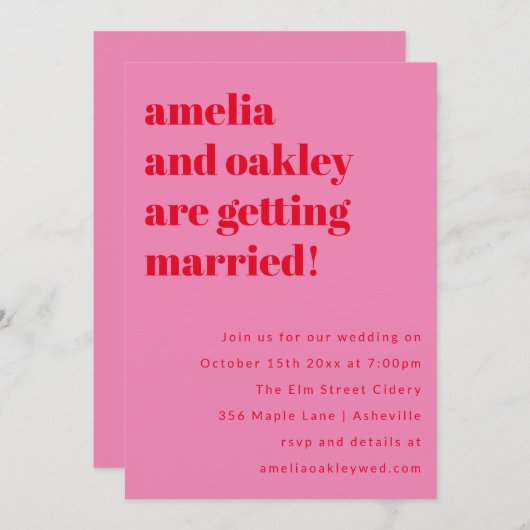 Bold Minimalist Pink Red Retro Wedding Website Kaart (Voorkant / Achterkant)