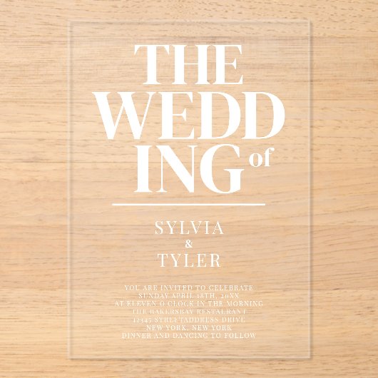 Bold Minimalist Typography Wedding Acryl Uitnodigingen (Voorkant)