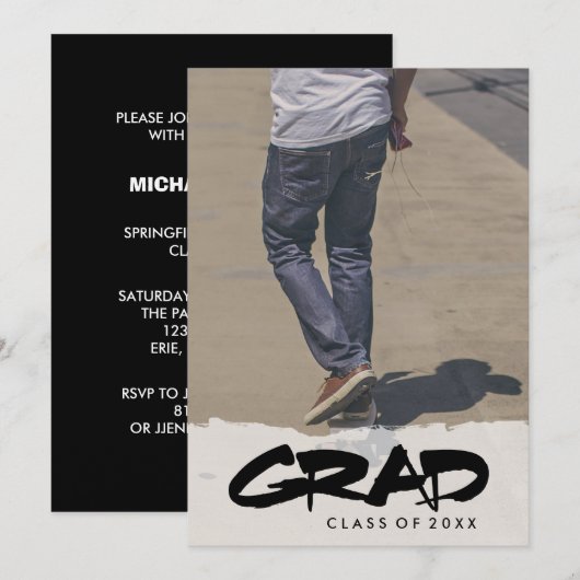 Bold Modern Black Text Boy Graduparty foto Kaart (Voorkant / Achterkant)