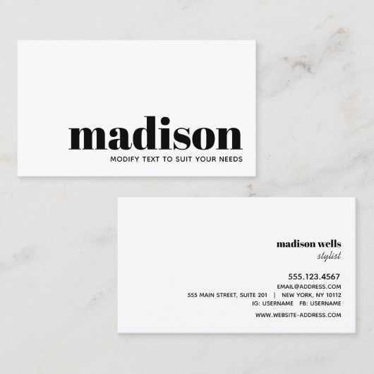 Bold Modern Black White Typografie Visitekaartje (Voorkant / Achterkant)