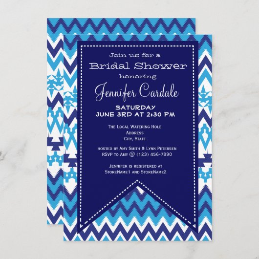 Bold Modern Blue Chevron Bridal Shower Invitations Kaart (Voorkant / Achterkant)