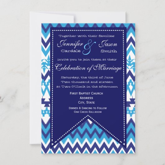 Bold Modern Blue Chevron Wedding Invitations Kaart (Voorkant)