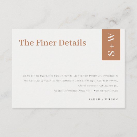 Bold Modern Burnt Oranje Rust Tan Weddenschap Deta Informatiekaartje (Voorkant)
