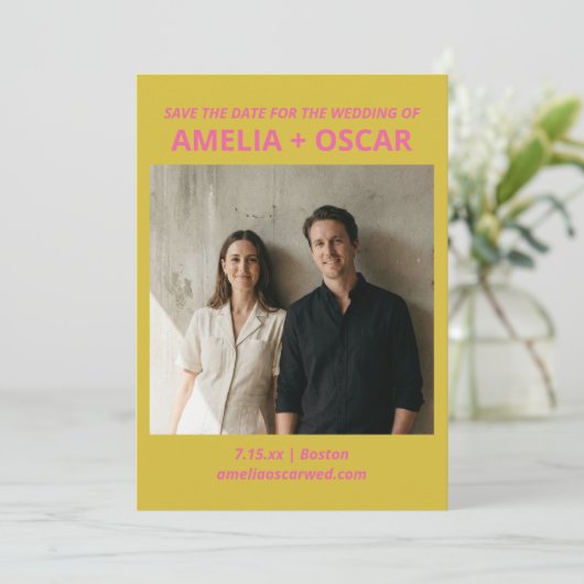 Bold Modern Chartreuse Pink Yellow Wedding Photo  Save The Date (Staand voorkant)
