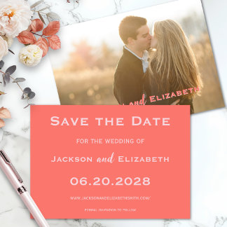 Bold Modern Coral en Roze Fotobruiloft Save The Date