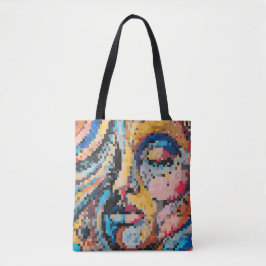 Bold modern face in colorful pixels tote bag