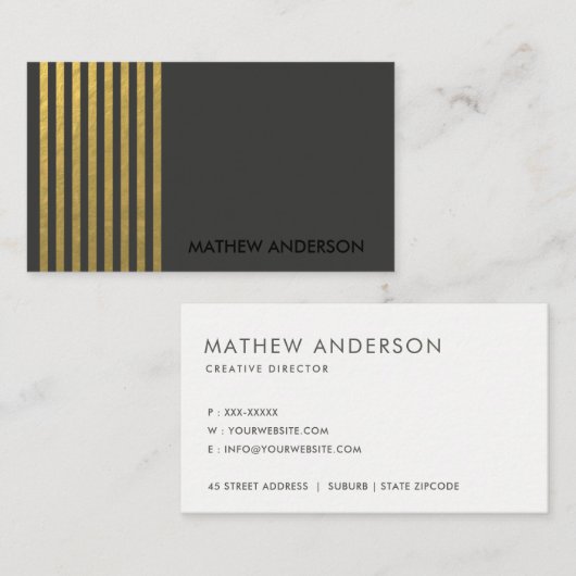 BOLD MODERN GOLD FAUX BLACK STRIPED LINE PATTERN VISITEKAARTJE (Voorkant / Achterkant)
