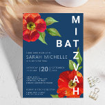 Bold Modern Navy Bat Mitzvah Red Floral Waterverf Kaart<br><div class="desc">Wees trots, blij en toon deze mijlpaal van je favoriete Bat Mitzvah met deze geavanceerde, persoonlijke uitnodiging! Een griezelige rode waterverf met het moderne type san serif bedekt een blauw marineklein. Pas de douanetekst met de naam, de datum, en de plaatsinformatie van uw Bat Mitzvah aan. Gegarandeerd om een stijlvol...</div>