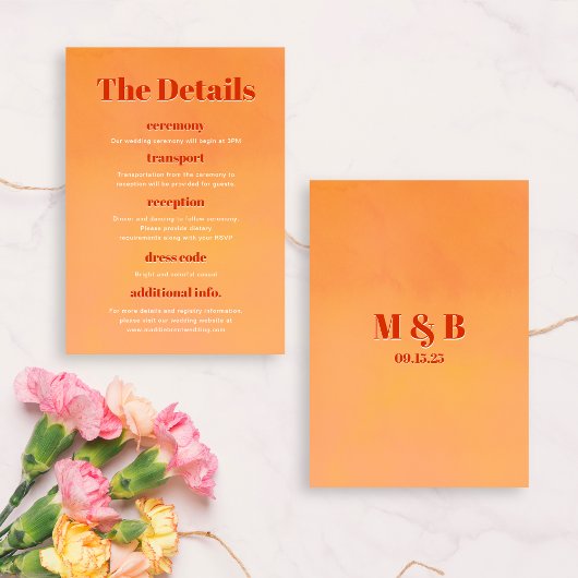 Bold Modern Orange Sunset Monogram Wedding Details Informatiekaartje