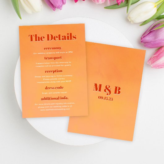 Bold Modern Orange Sunset Monogram Wedding Details Informatiekaartje