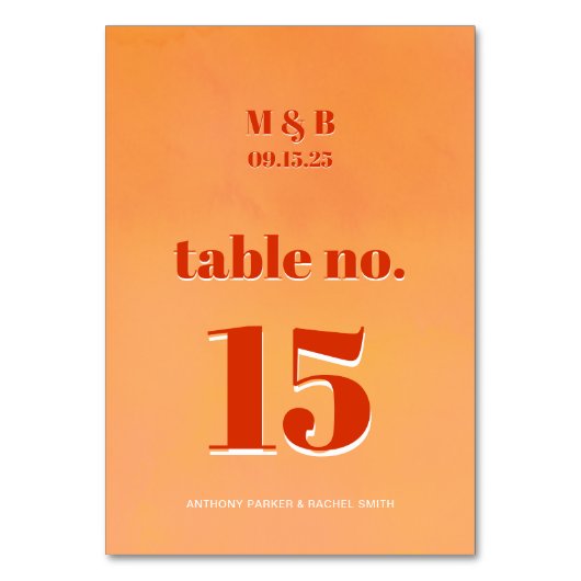 Bold Modern Orange Sunset Monogram Wedding Seat Kaart (Voorkant)
