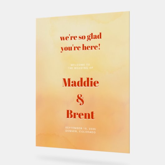 Bold Modern Orange Sunset Wedding Welcome Acryl Bord (Hoek)