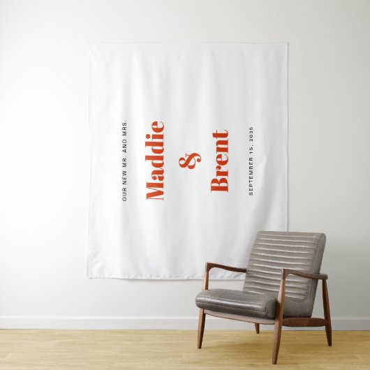 Bold Modern Orange Typography Wedding Backdrop Wandkleed (In situ)