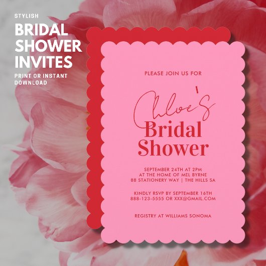 Bold Modern Red en Roze Bridal Shower Invitation Kaart