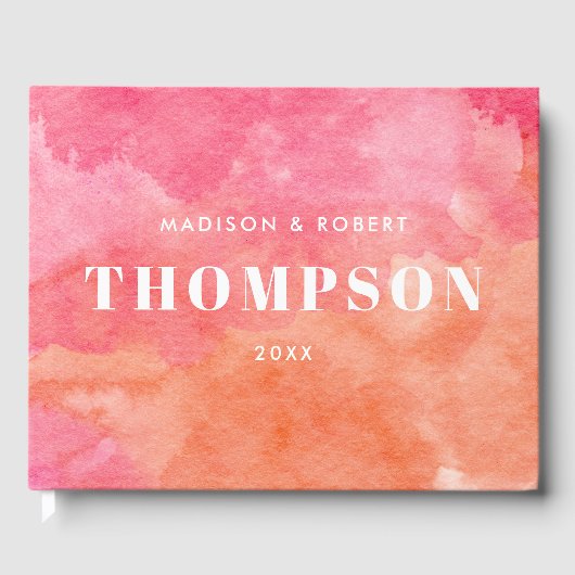 Bold Modern Roze en Sinaasappel Monogram Huwelijk Gastenboek (Voorkant)