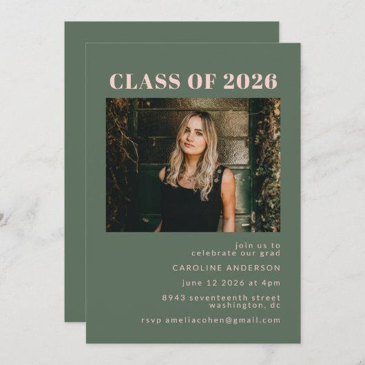 Bold Modern Roze Green Photo Graduparty Kaart (Voorkant / Achterkant)