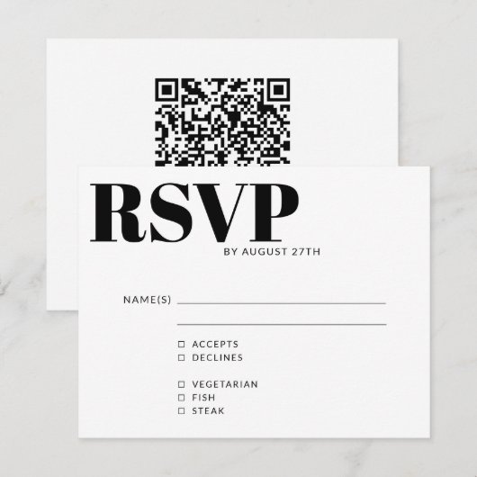Bold Modern Simple Black White QR Code Meal Choice RSVP Kaartje (Voorkant / Achterkant)