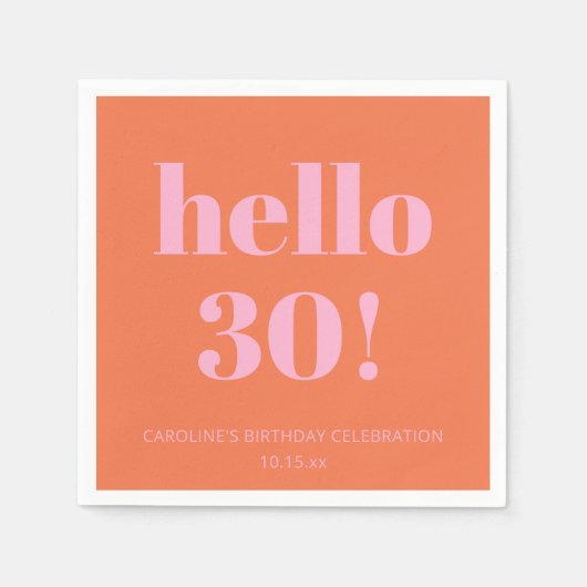 Bold Modern Simple Orange Pink 30th Birthday Party Servet (Voorkant)