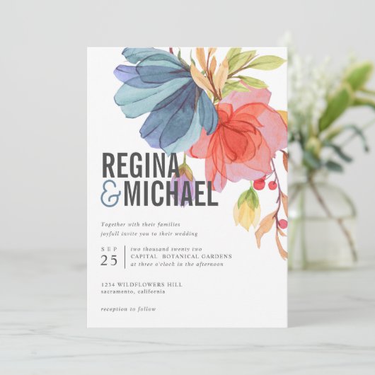 Bold Modern Waterverf Blue Wildflower bruiloft Kaart (Staand voorkant)