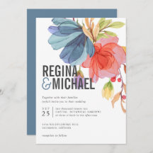 Bold Modern Waterverf Blue Wildflower bruiloft