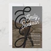 Bold monogram foto's namen boho qr code bruiloft kaart (Voorkant)