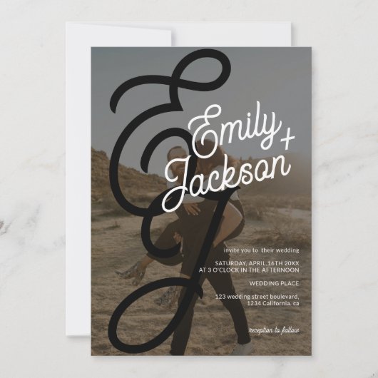 Bold monogram foto's namen boho qr code bruiloft kaart (Voorkant)