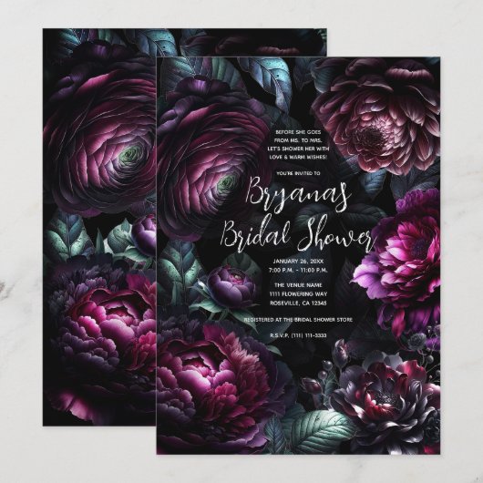 Bold Moody Bloemen Zwart Enchanted Floral Bridal Kaart (Voorkant / Achterkant)