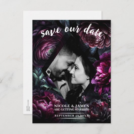 Bold Moody Flowers Enchanted Floral Save the Date Aankondigingskaart (Voorkant / Achterkant)