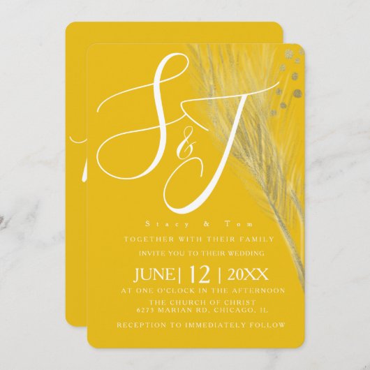 Bold Mustard Yellow Gold Foil Pampas Wedding Suite Kaart (Voorkant / Achterkant)