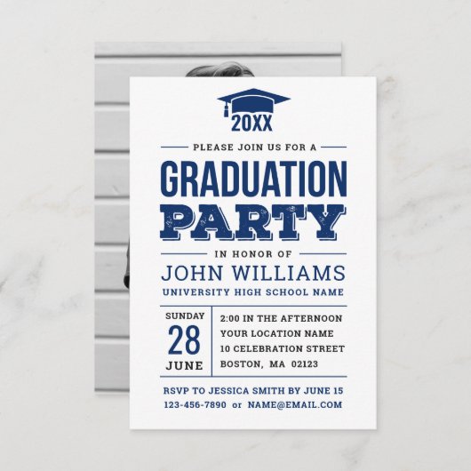 Bold Navy Blue en White Photo Graduparty Kaart (Voorkant / Achterkant)