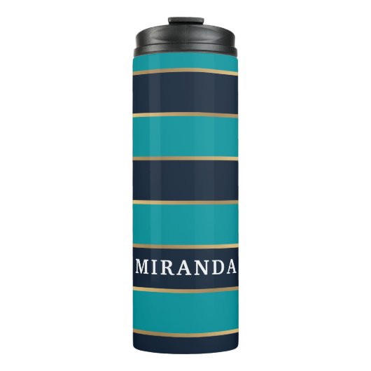 Bold Navy Blue Gold Stripe Pattern Thermosbeker (Voorkant)