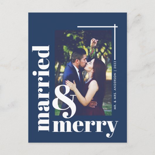Bold Navy Blue Married en Merry Fotokerstmis Briefkaart (Voorkant)