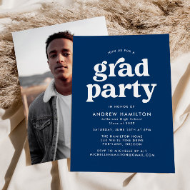 Bold Navy Blue Typography Photo Graduparty Kaart