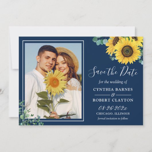 Bold Navy Blue Yellow Sunflower Foto Weddenschap Save The Date (Voorkant)