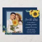 Bold Navy Blue Yellow Sunflower Foto Weddenschap Save The Date (Voorkant / Achterkant)