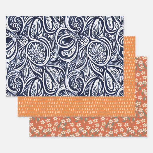 Bold Navy Roest Abstract Classy Botanical Pattern Inpakpapier Vel (Set)