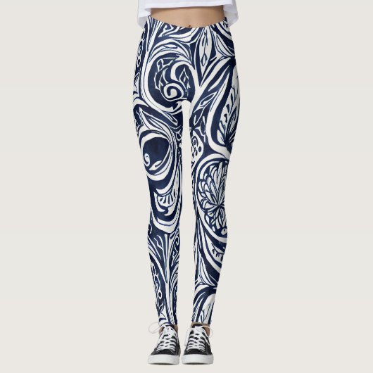 Bold Navy Roest Abstract Classy Botanical Pattern Leggings (Voorkant)