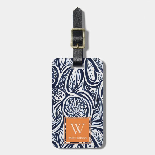 Bold Navy Rust Abstract Classy Botanical Monogram Bagagelabel (Voorkant verticaal)