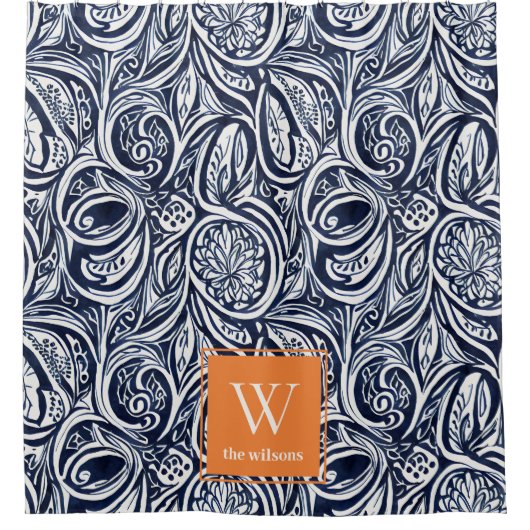 Bold Navy Rust Abstract Classy Botanical Monogram Douchegordijn (Voorkant)