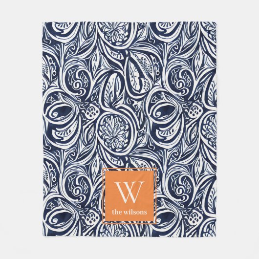 Bold Navy Rust Abstract Classy Botanical Monogram Fleece Deken (Voorkant)