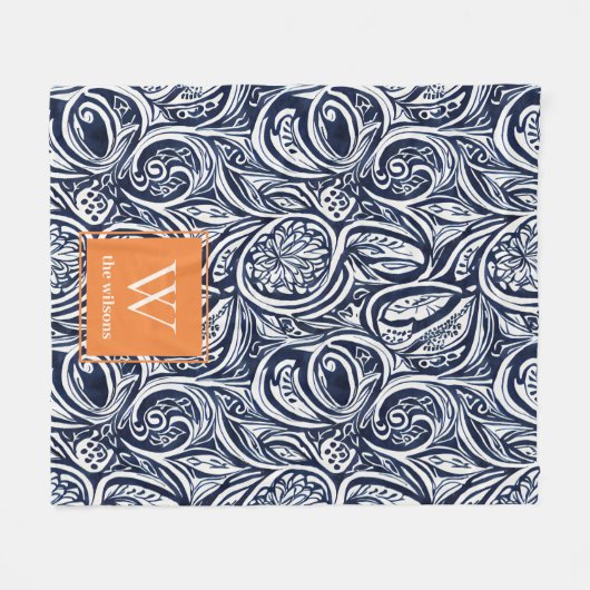 Bold Navy Rust Abstract Classy Botanical Monogram Fleece Deken (Voorkant (Horizontaal))