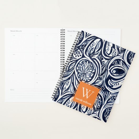 Bold Navy Rust Abstract Classy Botanical Monogram Planner (Display)