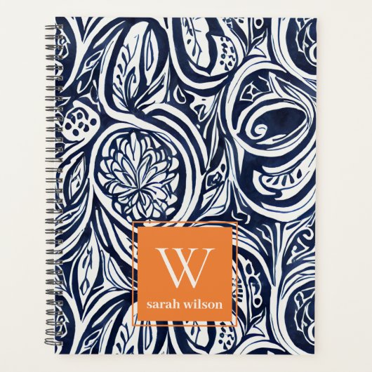 Bold Navy Rust Abstract Classy Botanical Monogram Planner (Voorkant)
