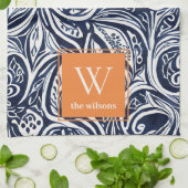 Bold Navy Rust Abstract Classy Botanical Monogram Theedoek (Gevouwen)