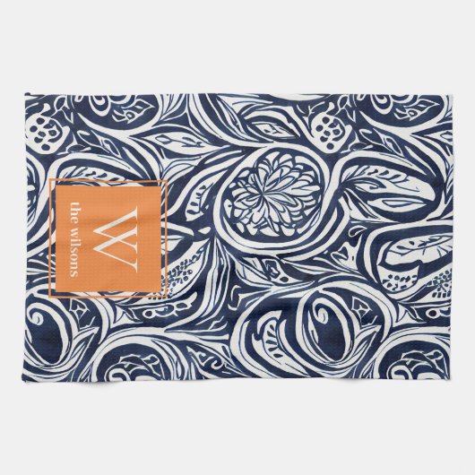Bold Navy Rust Abstract Classy Botanical Monogram Theedoek (Horizontaal)