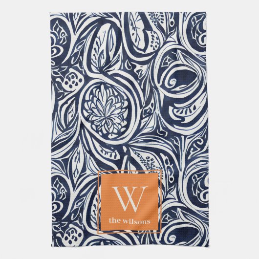 Bold Navy Rust Abstract Classy Botanical Monogram Theedoek (Verticaal)