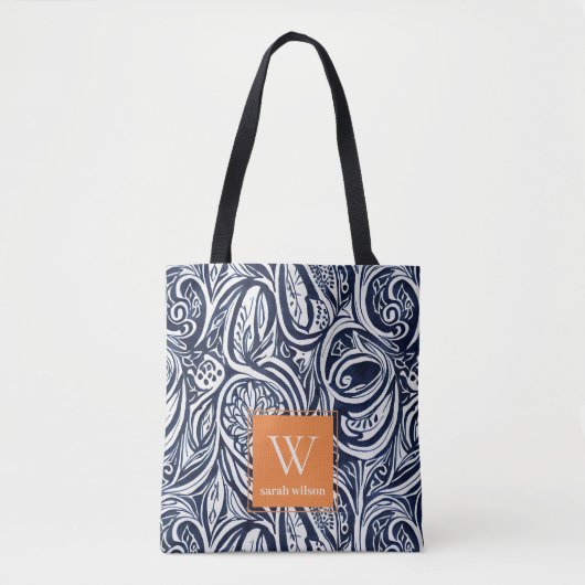 Bold Navy Rust Abstract Classy Botanical Monogram Tote Bag (Voorkant)
