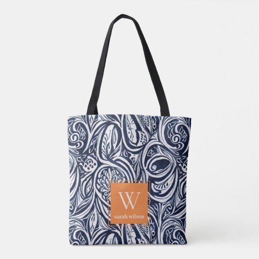 Bold Navy Rust Abstract Classy Botanical Monogram Tote Bag (Achterkant)