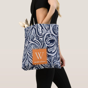Bold Navy Rust Abstract Classy Botanical Monogram Tote Bag